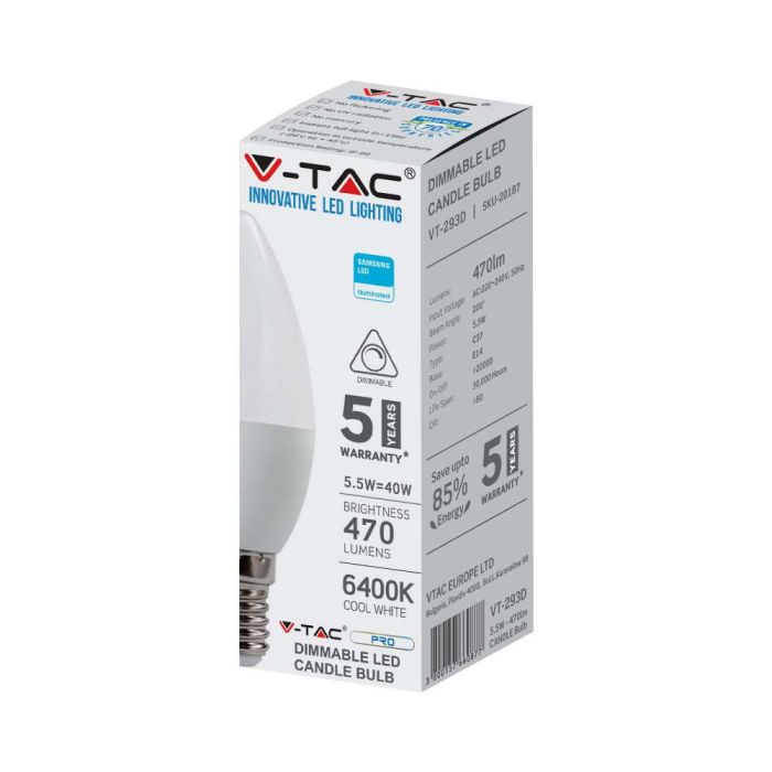 Bombilla LED V-TAC - Samsung - Vela - Soporte E14 -IP20 - Blanca - 5.5W- 470 Lumens - 6400K-extra-8.webp