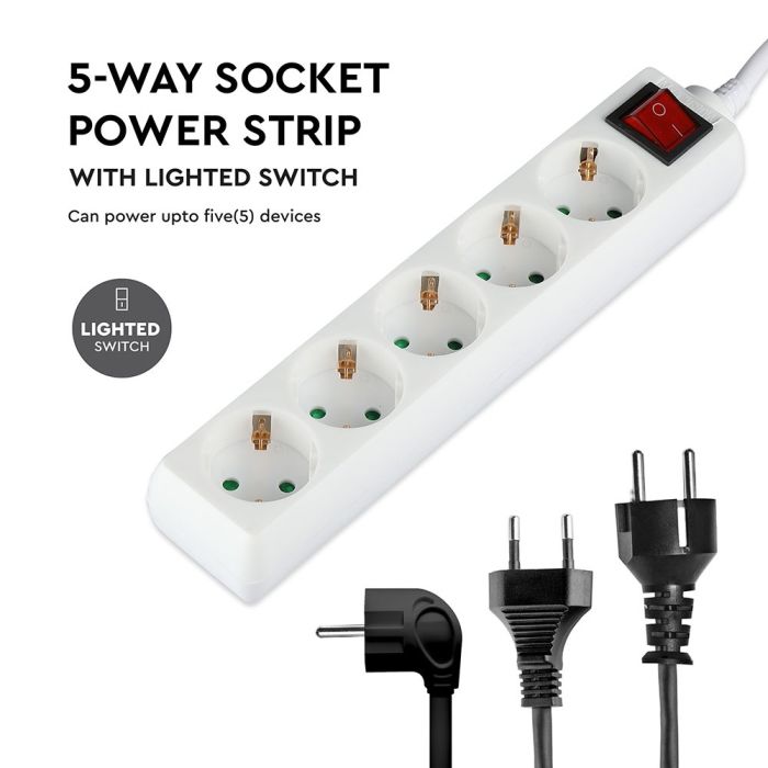 V-TAC Adaptadores y Tomas de Corriente - 5 Vías - Toma de Extensión para Interruptor - IP20 - Blanco - 5m de Cable-extra-4.webp