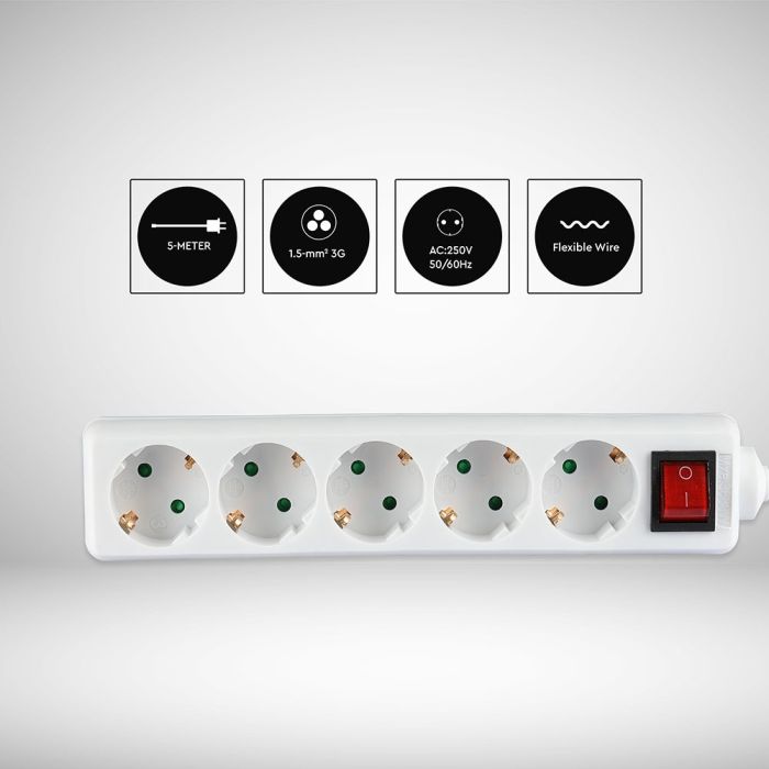 V-TAC Adaptadores y Tomas de Corriente - 5 Vías - Toma de Extensión para Interruptor - IP20 - Blanco - 5m de Cable-extra-5.webp