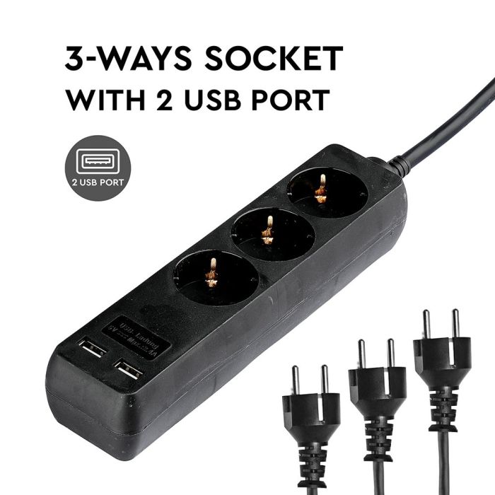 Adaptadores y tomas V-TAC - 3 vías - Toma de extensión USB - IP20 - Negro - Cable de 5 m-extra-1.webp