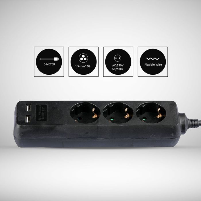 Adaptadores y tomas V-TAC - 3 vías - Toma de extensión USB - IP20 - Negro - Cable de 5 m-extra-6.webp