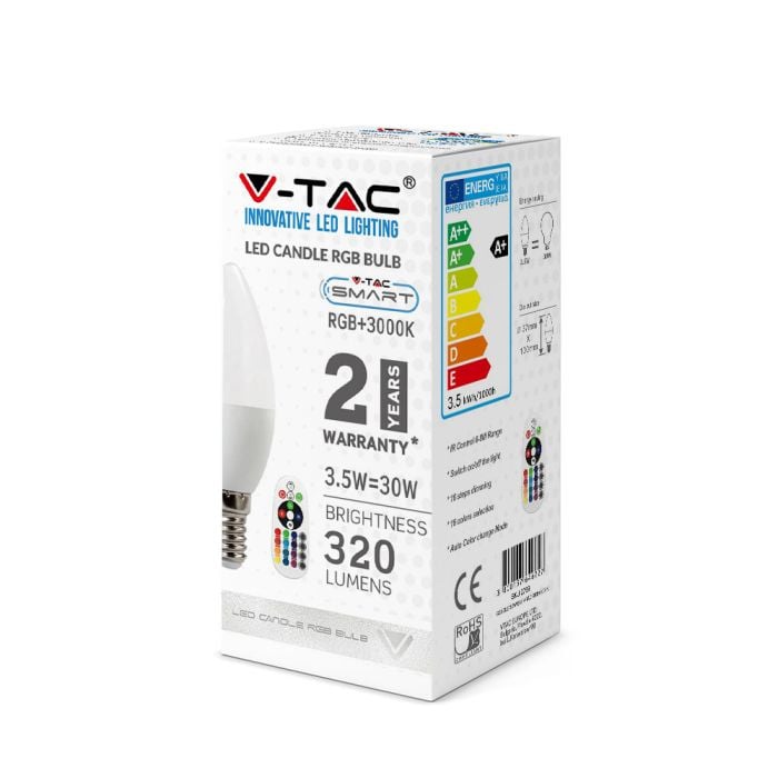 Bombilla LED V-TAC - Vela - RF RGB - Soporte E14 - IP20 - Blanca - 3.5W- 320 Lumens - RGB + 6400K