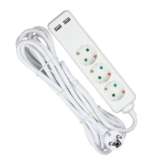 Adaptadores y tomas V-TAC - 3 vías - Toma de extensión USB - IP20 - Blanco - Cable de 5 m