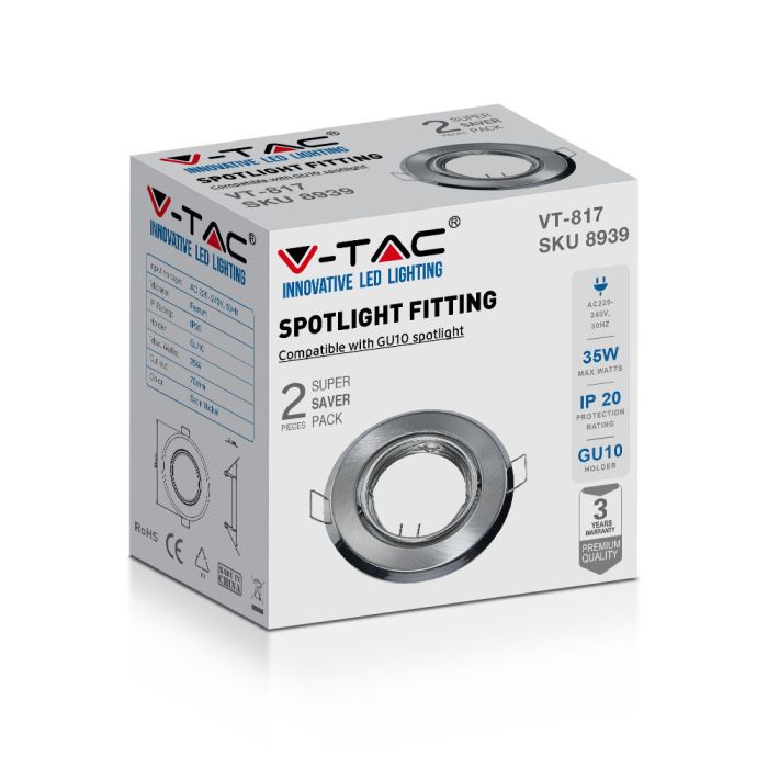 V-TAC LED Aro redondo - Empotrable - GU10 - IP20 - Níquel Satinado  - Pack de 2