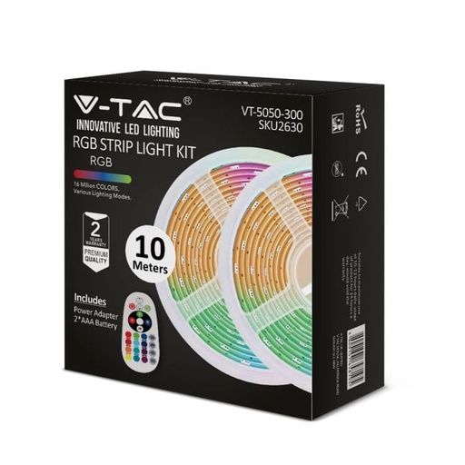 [2630] V-TAC Tira de luz LED Kits - EU Plug - IP20 - RGB - 2 x 5m Roll