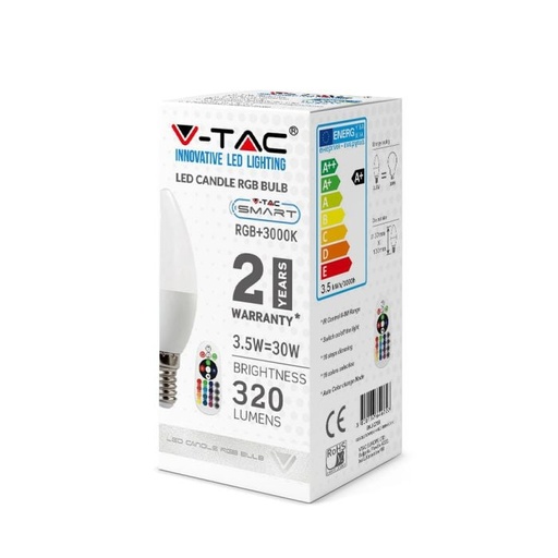 [2771] Bombilla LED V-TAC - Vela - RF RGB - Soporte E14 - IP20 - Blanca - 3.5W- 320 Lumens - RGB + 6400K